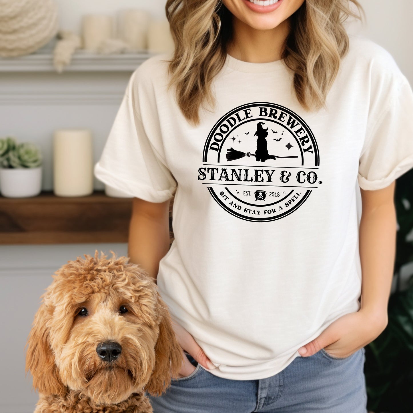 Personalized Doodle Dog Halloween Comfort ColorsT-Shirt - Fun Doodle Mom Dad Gift, Doodle Brewery Unisex Halloween Shirt