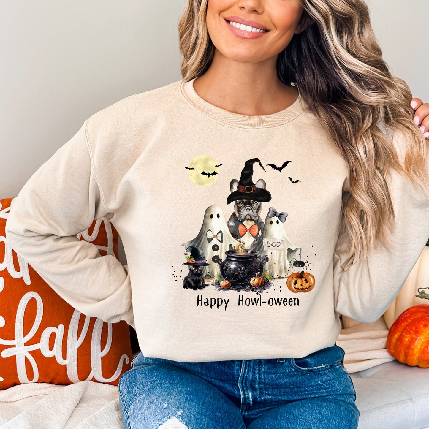 Frenchie French Bulldog Dog Halloween Sweatshirt - Frenchie Mom Gift, Trick or Treat Ghost and Witch Shirt French Bulldog