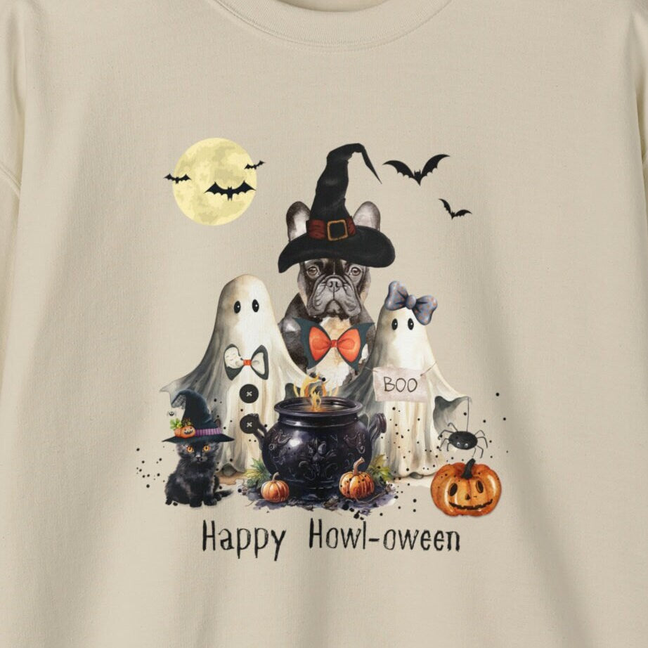 Frenchie French Bulldog Dog Halloween Sweatshirt - Frenchie Mom Gift, Trick or Treat Ghost and Witch Shirt French Bulldog