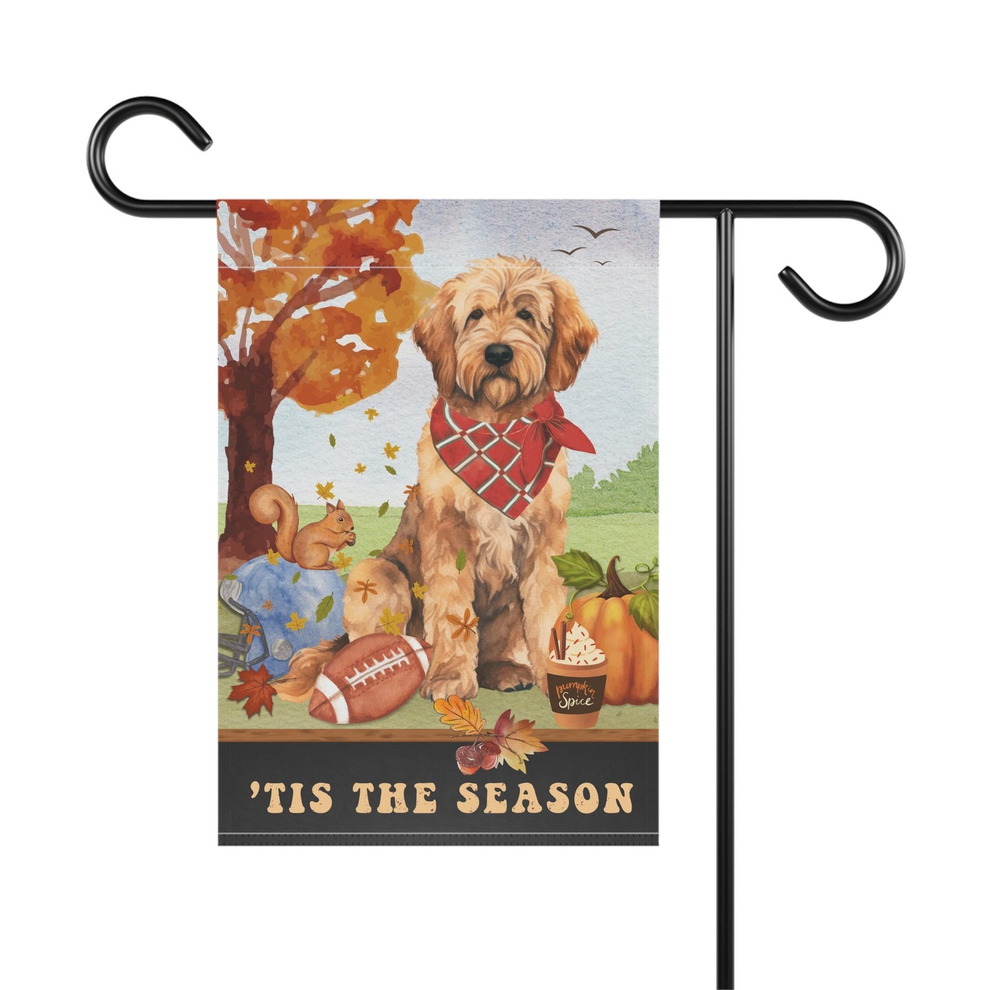 Doodle Dog Fall Garden Flag - Football, Pumpkin Spice, Doodle Dog Flag, Apricot, Red Goldendoodle, Labradoodle Mom Gift