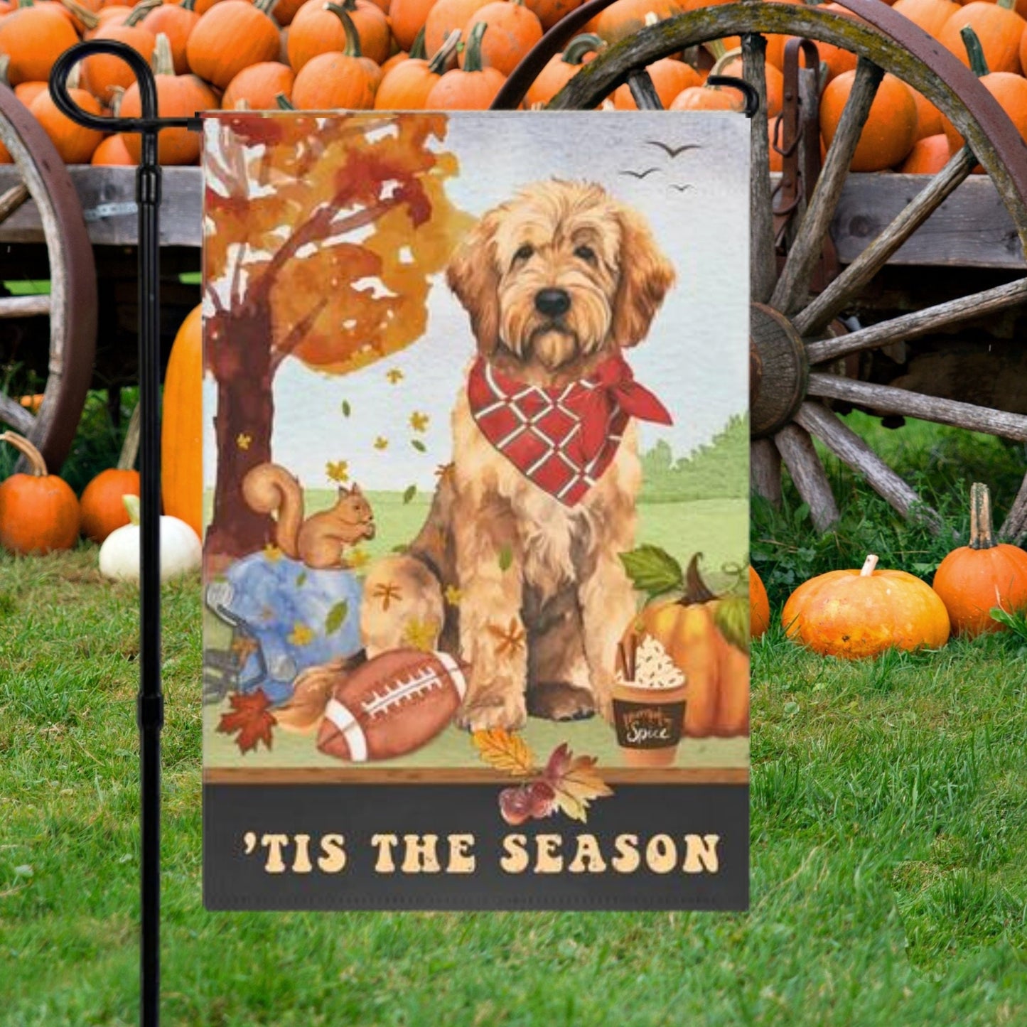 Doodle Dog Fall Garden Flag - Football, Pumpkin Spice, Doodle Dog Flag, Apricot, Red Goldendoodle, Labradoodle Mom Gift