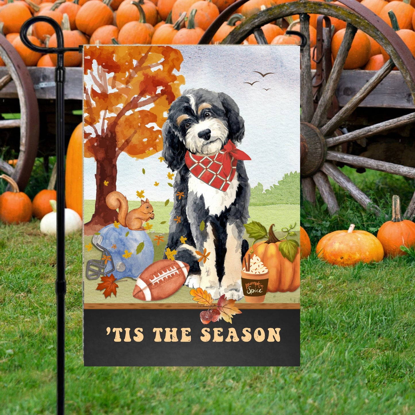 Bernedoodle Dog Fall Garden Flag - Football, Pumpkin Spice, Doodle Dog Flag, Bernedoodle Mom Gift