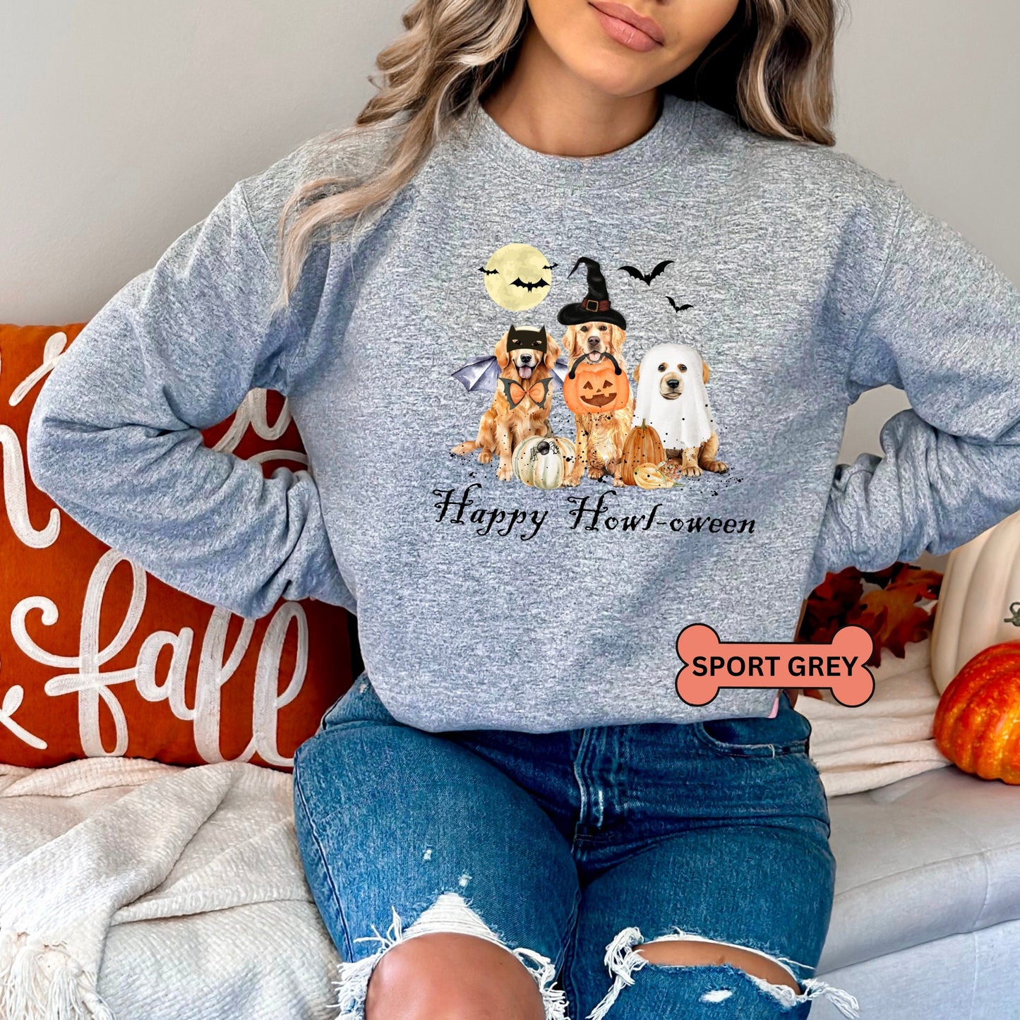 Golden Retriever Dog Halloween Sweatshirt - Fun Retriever Mom Halloween Shirt, Spooky Golden Retriever in Ghost, Witch and Bat Cos