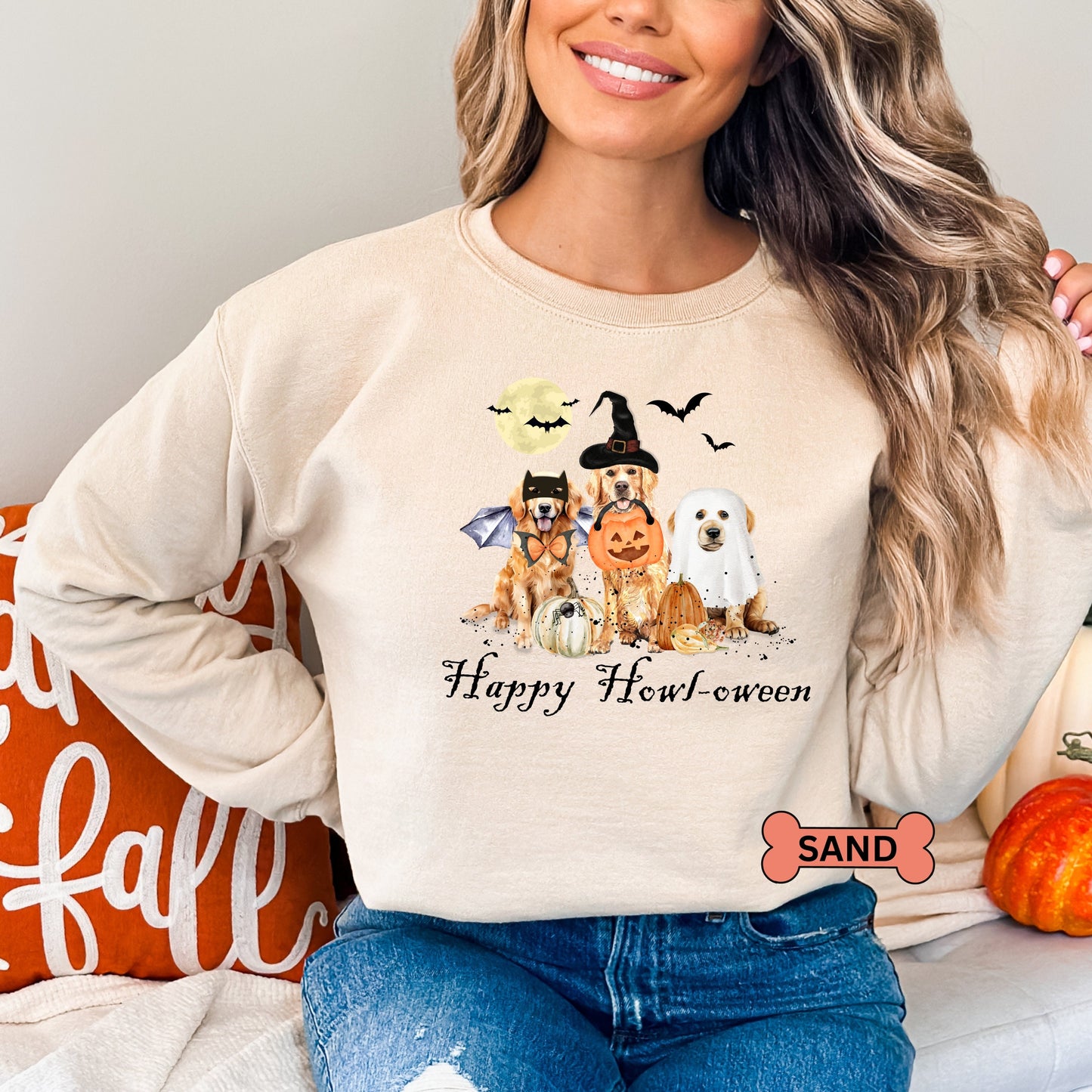 Golden Retriever Dog Halloween Sweatshirt - Fun Retriever Mom Halloween Shirt, Spooky Golden Retriever in Ghost, Witch and Bat Cos