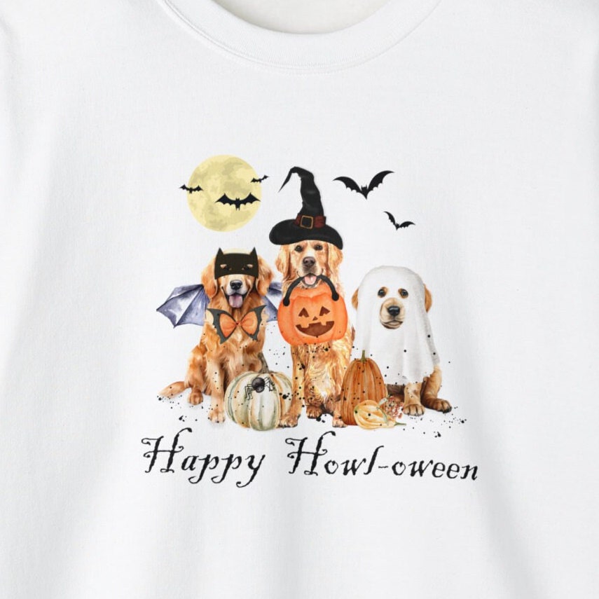 Golden Retriever Dog Halloween Sweatshirt - Fun Retriever Mom Halloween Shirt, Spooky Golden Retriever in Ghost, Witch and Bat Cos