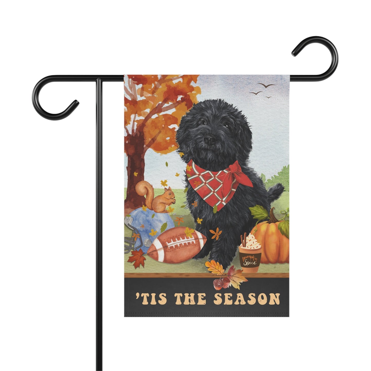 Black Doodle Dog Fall Garden Flag - Football, Pumpkin Spice, Black Goldendoodle, Labradoodle, Cockapoo, Mini Doodle Mom Gift