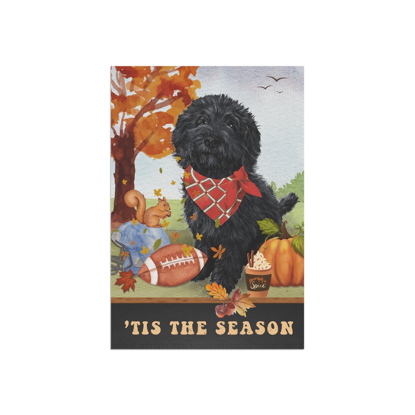 Black Doodle Dog Fall Garden Flag - Football, Pumpkin Spice, Black Goldendoodle, Labradoodle, Cockapoo, Mini Doodle Mom Gift