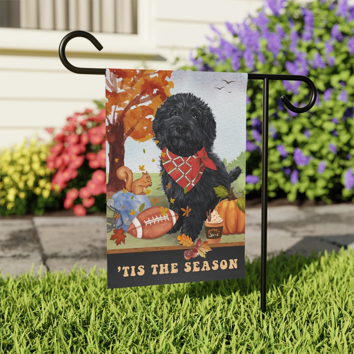 Black Doodle Dog Fall Garden Flag - Football, Pumpkin Spice, Black Goldendoodle, Labradoodle, Cockapoo, Mini Doodle Mom Gift