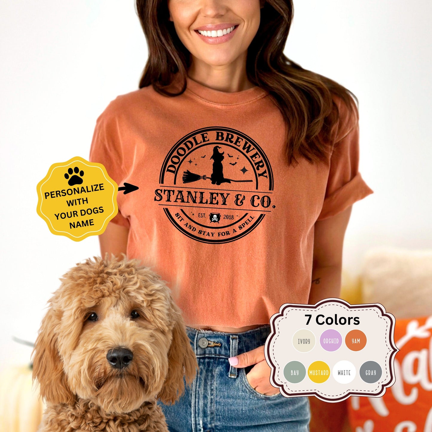 Personalized Doodle Dog Halloween Comfort ColorsT-Shirt - Fun Doodle Mom Dad Gift, Doodle Brewery Unisex Halloween Shirt