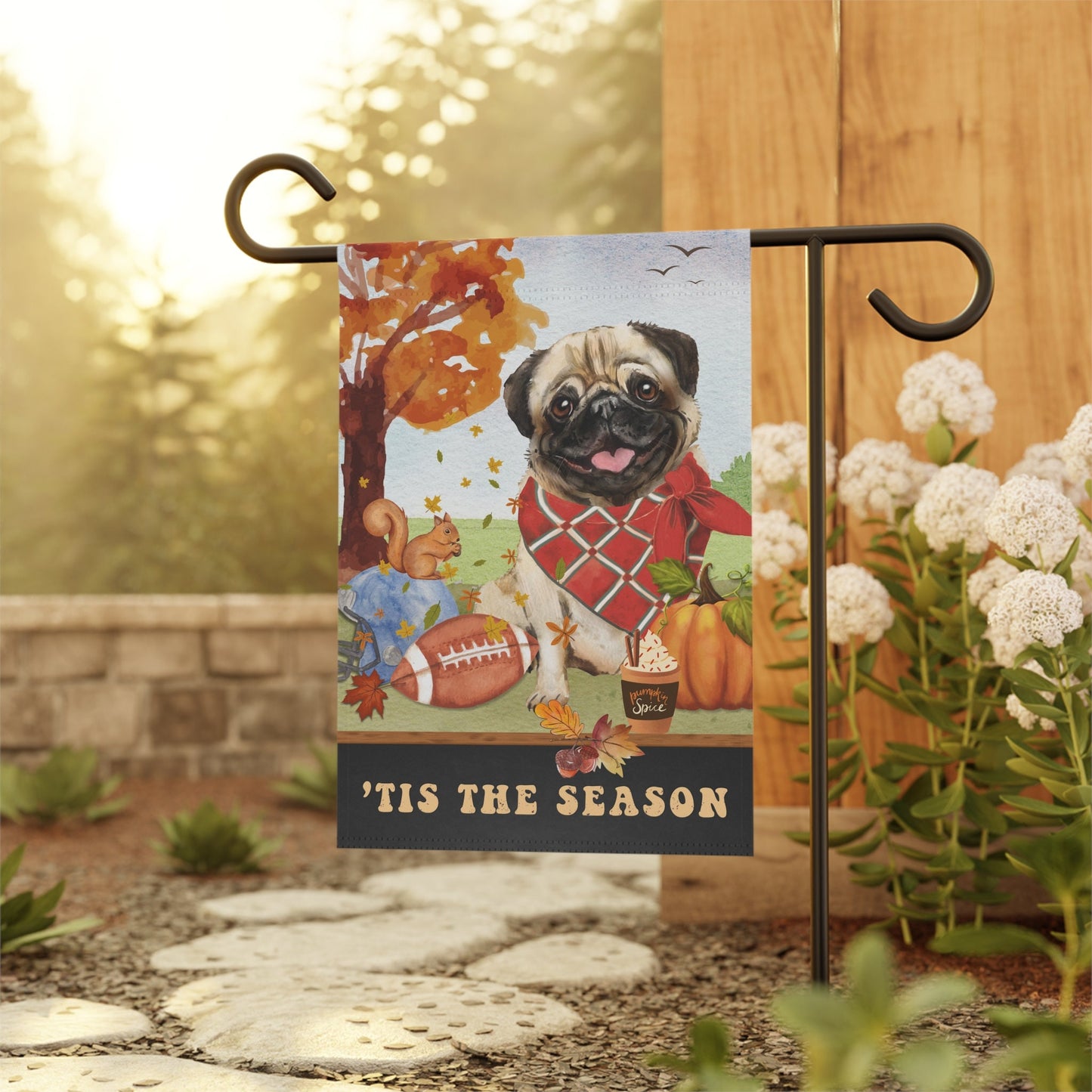 Pug Dog Fall Garden Flag - Football, Pumpkin Spice, Pug Mom Gift, Pug Lover Home Decor Halloween, Autumn