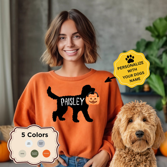 Personalized Doodle Dog Halloween Pumpkin Sweatshirt - Doodle Dog Mom Gift, Goldendoodle, Labradoodle, Bernedoodle, Etc.