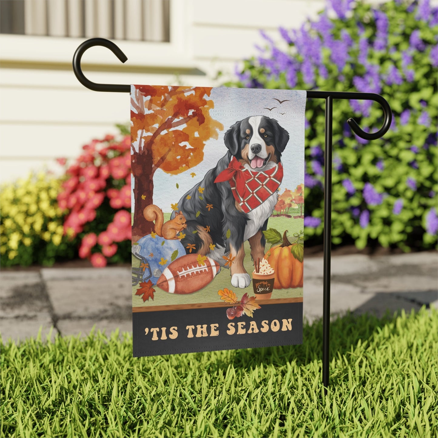 Bernese Mountain Dog Fall Garden Flag - Football, Pumpkin Spice, Bernese Mountain Dog Mom Gift, Bernese Lover Home Decor Halloween