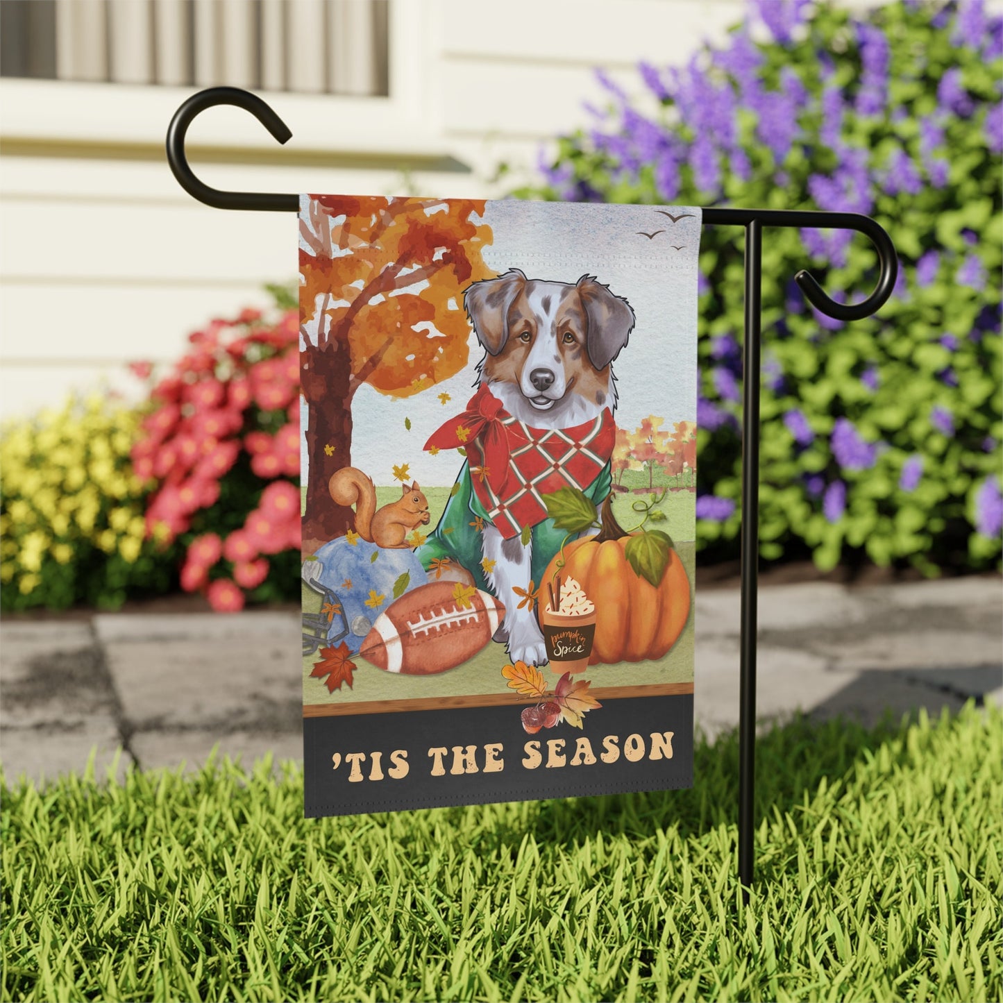 Australian Shepherd Fall Garden Flag - Football, Pumpkin Spice, Aussie Dog Mom Gift, Australian Shepherd Lover Home Decor Hallowee