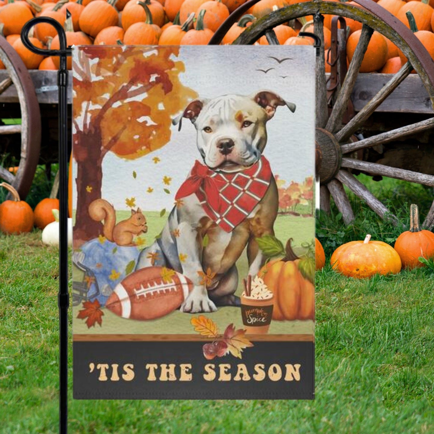 Pitbull Fall Autumn Garden Flag - Football, Pumpkin Spice, Pitbull (White Face) Dog Mom Gift, Pitbull Lover Home Decor Halloween,