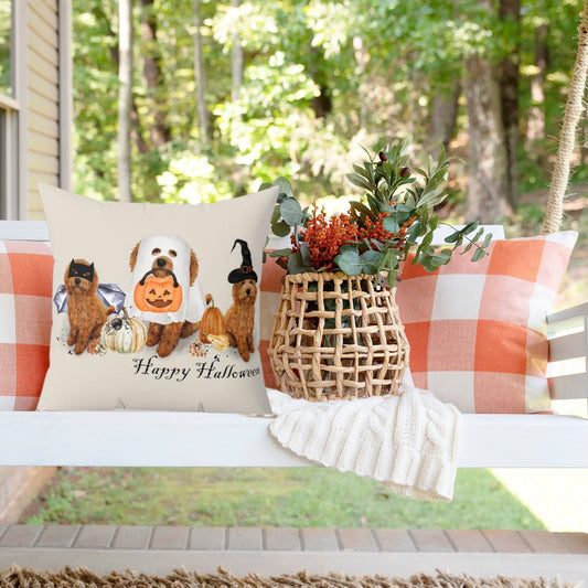 Apricot Red Doodle Dog Happy Halloween Pillow - Goldendoodle. Labradoodle, Doodle Dog Mom Gift, Doodle Halloween Home Decor