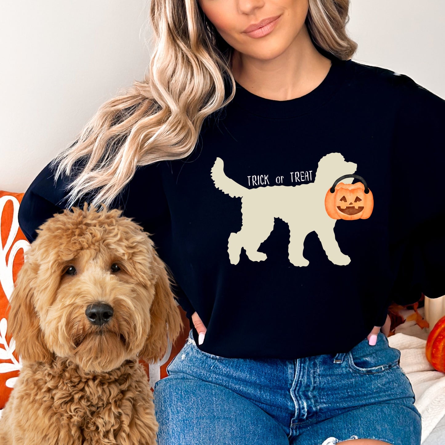 Doodle Dog Halloween Sweatshirt Represents Light Colored Doodle Dogs - Goldendoodle, Labradoodle, Double Doodle and Other Doodle Box