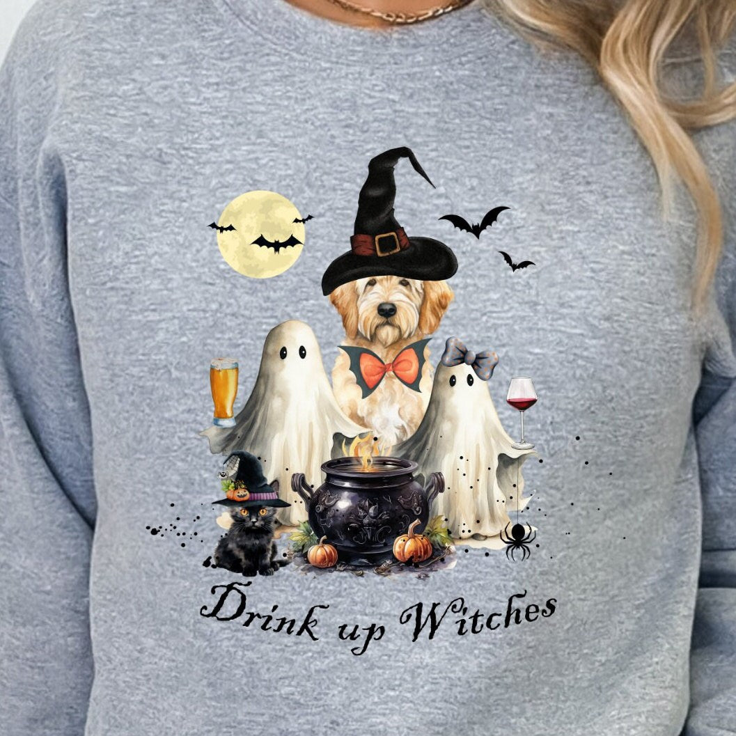 Halloween Doodle Dog Witch  and Ghost Sweatshirt - Drink Up Witches, Funny Mom Halloween Gift, Goldendoodle, Labradoodle, Etc.