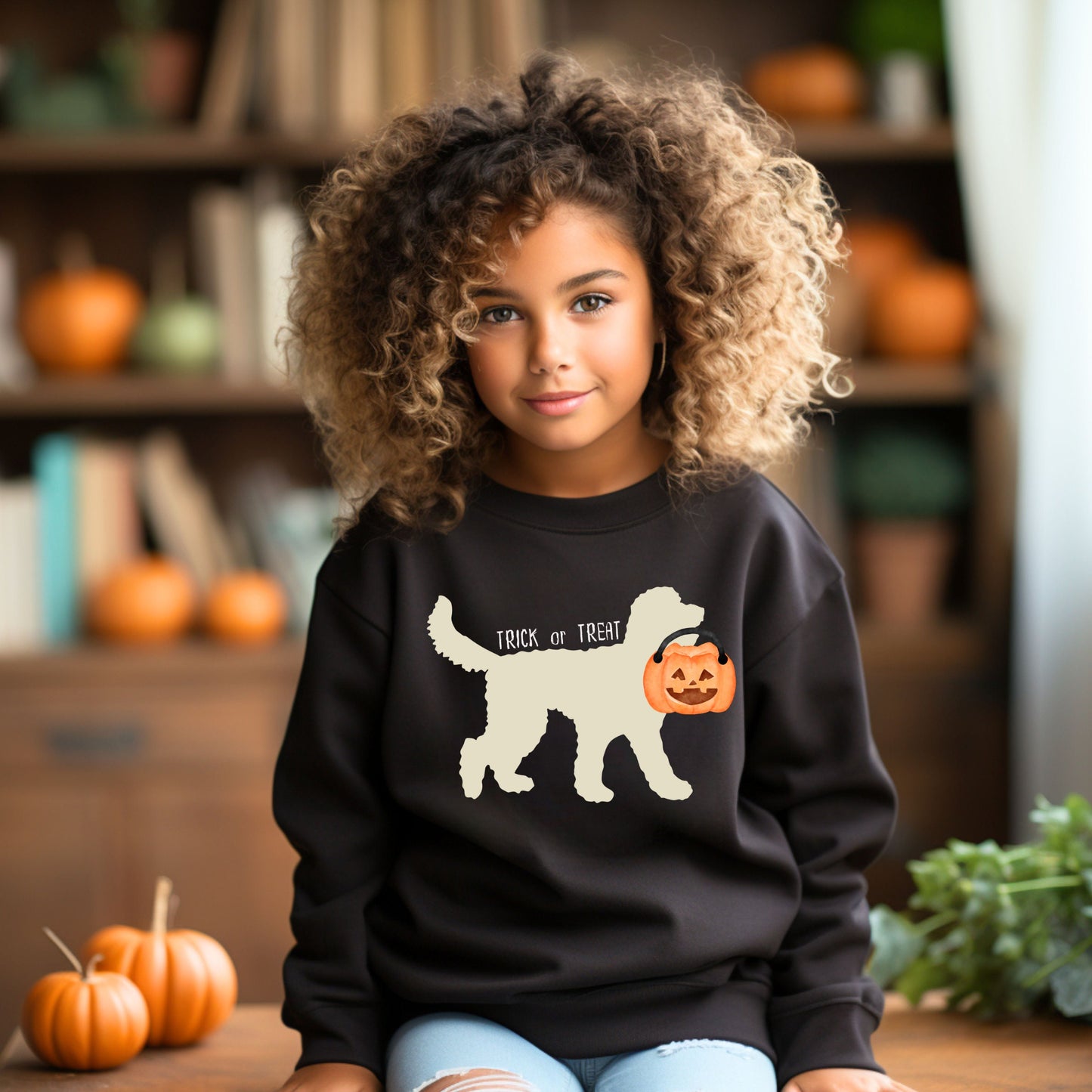 Kids Halloween Doodle Dog Sweatshirt - Fall Halloween Dog Shirt, Pumpkin Sweater, Spooky Season, Dog Lover Gift