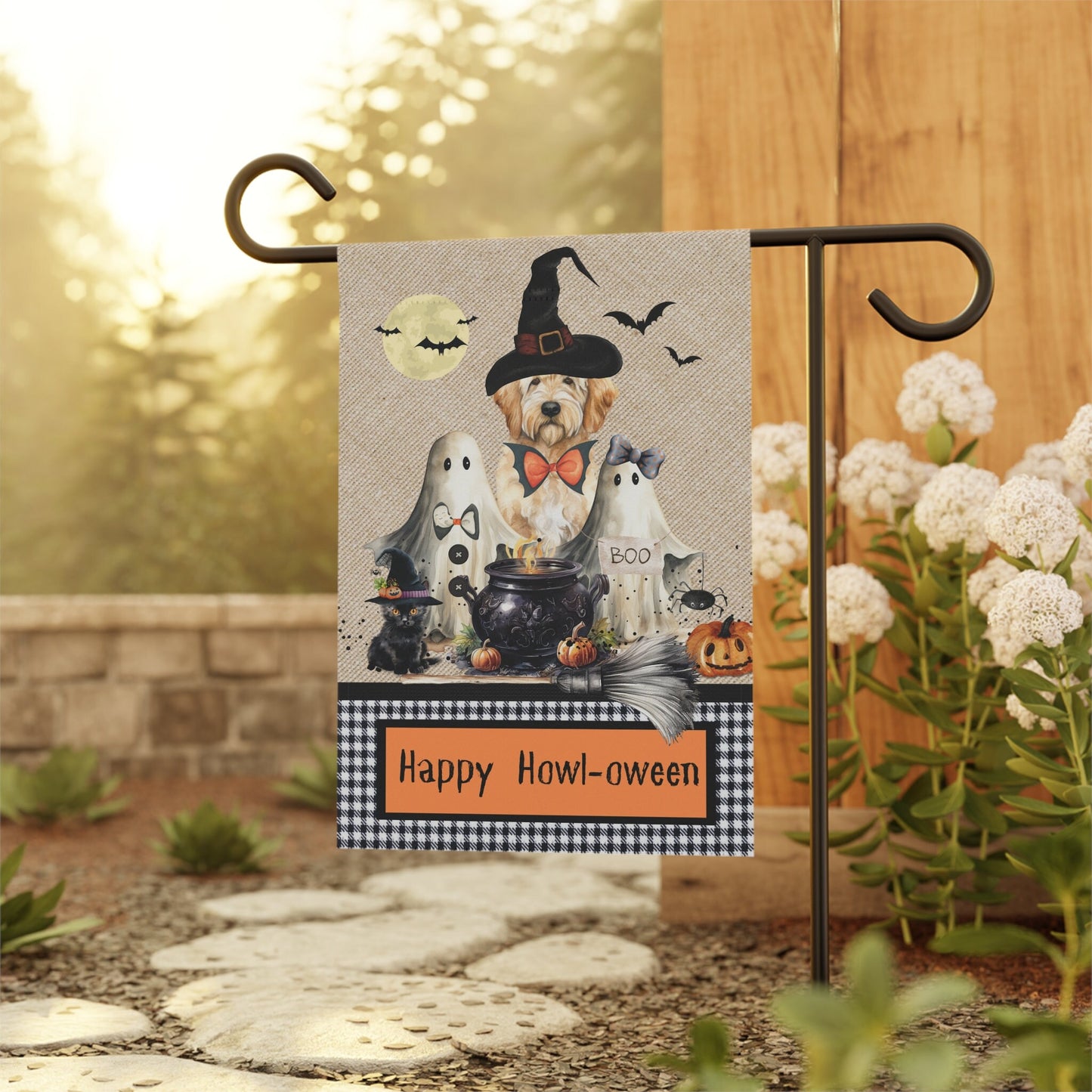 Goldendoodle Halloween Dog Fall Garden Flag  Banner - Double-sided, Goldendoodle, Labradoodle, Spooky Dog Flag, Dog Halloween Flag