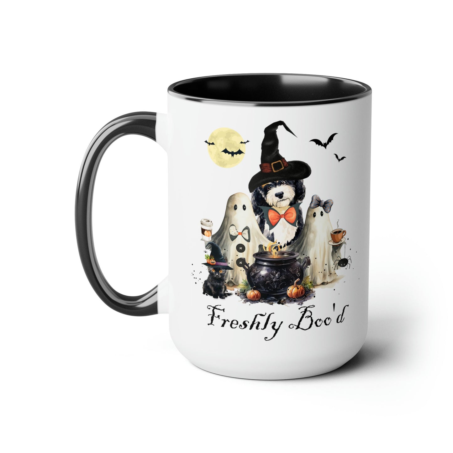 Bernedoodle Dog Freshly Boo'd Halloween Mug - Spooky Ghosts and Doodle, Large 15 Oz Mug, Funny Halloween Gift for Doodle Mom