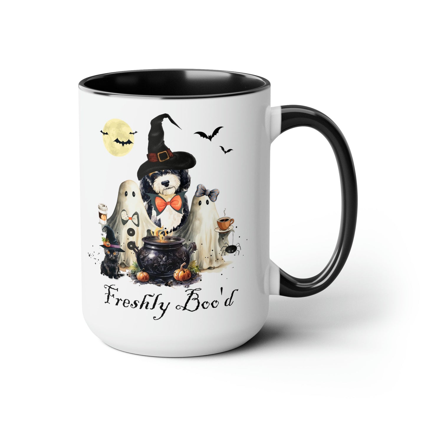 Bernedoodle Dog Freshly Boo'd Halloween Mug - Spooky Ghosts and Doodle, Large 15 Oz Mug, Funny Halloween Gift for Doodle Mom