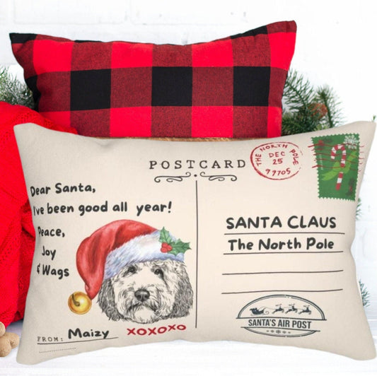 Personalized Doodle Dog Christmas Pillow. Vintage Postcard to Santa From Doodle - Fun Doodle Mom & Dad Christmas Gift, Doodle Holi