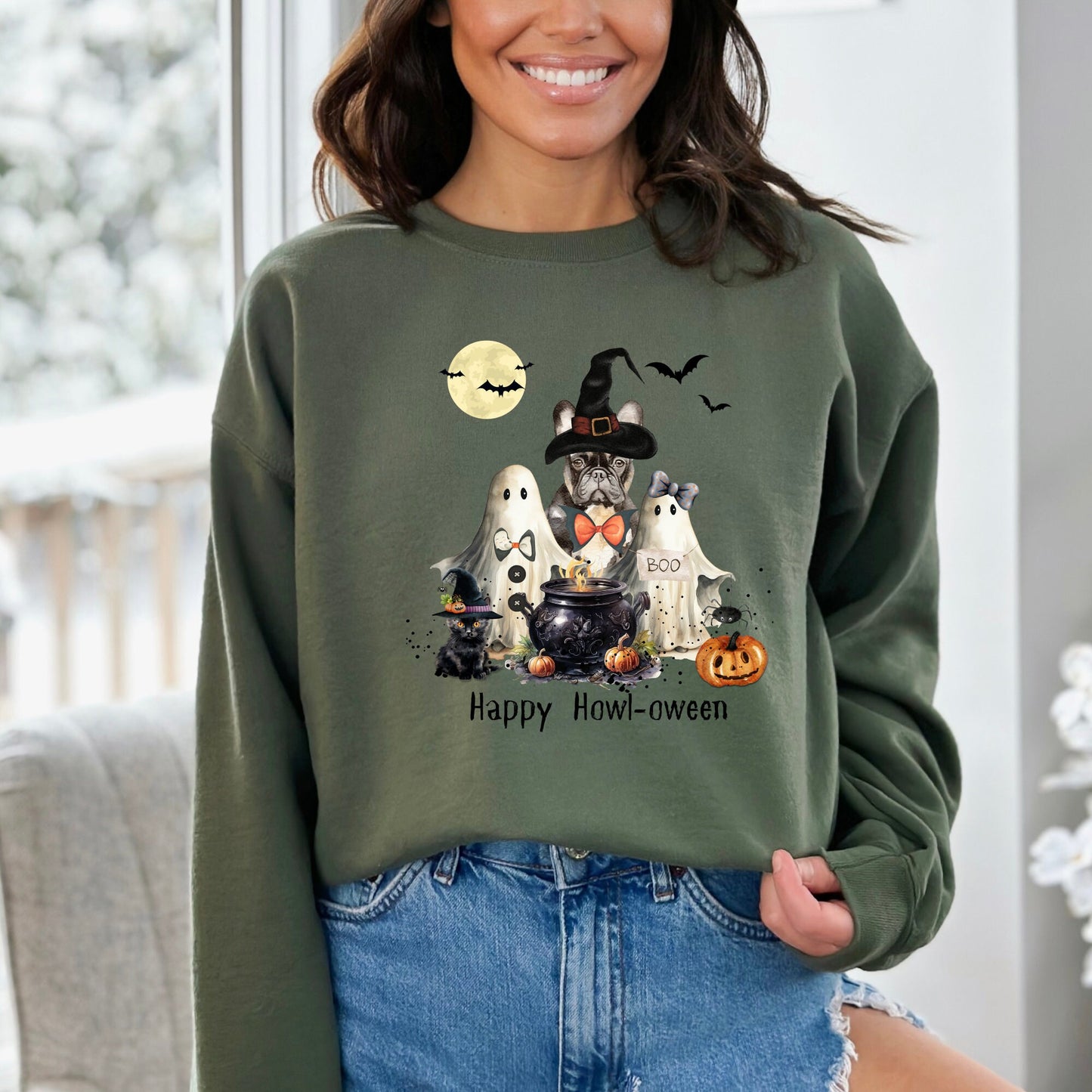 Frenchie French Bulldog Dog Halloween Sweatshirt - Frenchie Mom Gift, Trick or Treat Ghost and Witch Shirt French Bulldog