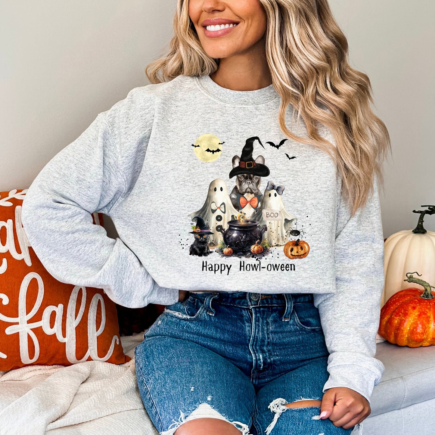 Frenchie French Bulldog Dog Halloween Sweatshirt - Frenchie Mom Gift, Trick or Treat Ghost and Witch Shirt French Bulldog