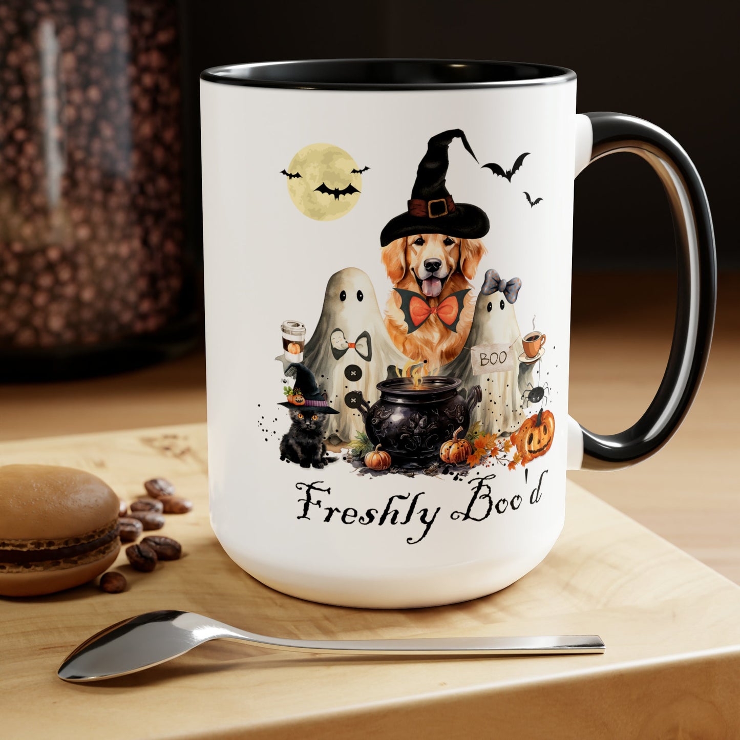 Golden Retriever Dog Halloween Mug "Freshly Boo'd " - Spooky Ghosts and Doodle, Large 15 Oz Mug, Funny Halloween Gift for Retrieve