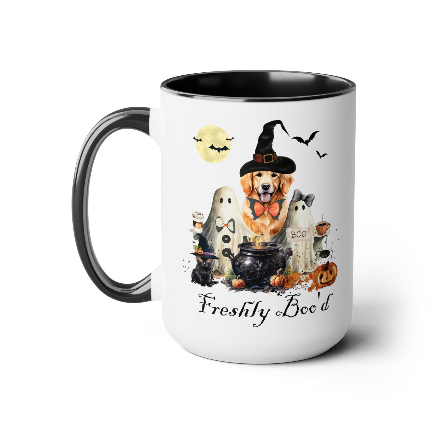 Golden Retriever Dog Halloween Mug "Freshly Boo'd " - Spooky Ghosts and Doodle, Large 15 Oz Mug, Funny Halloween Gift for Retrieve