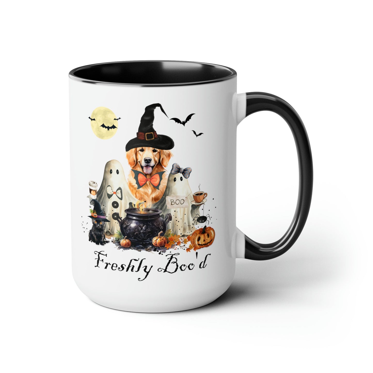 Golden Retriever Dog Halloween Mug "Freshly Boo'd " - Spooky Ghosts and Doodle, Large 15 Oz Mug, Funny Halloween Gift for Retrieve