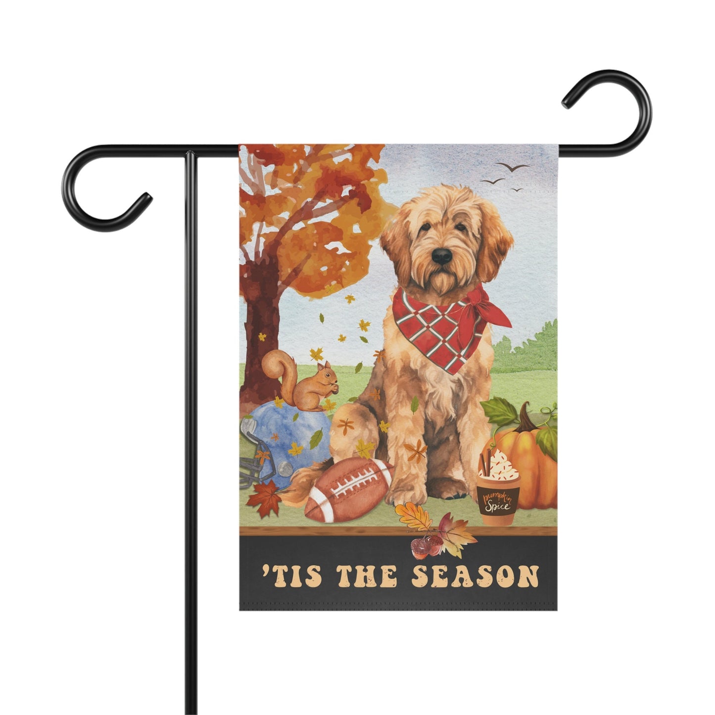 Doodle Dog Fall Garden Flag - Football, Pumpkin Spice, Doodle Dog Flag, Apricot, Red Goldendoodle, Labradoodle Mom Gift