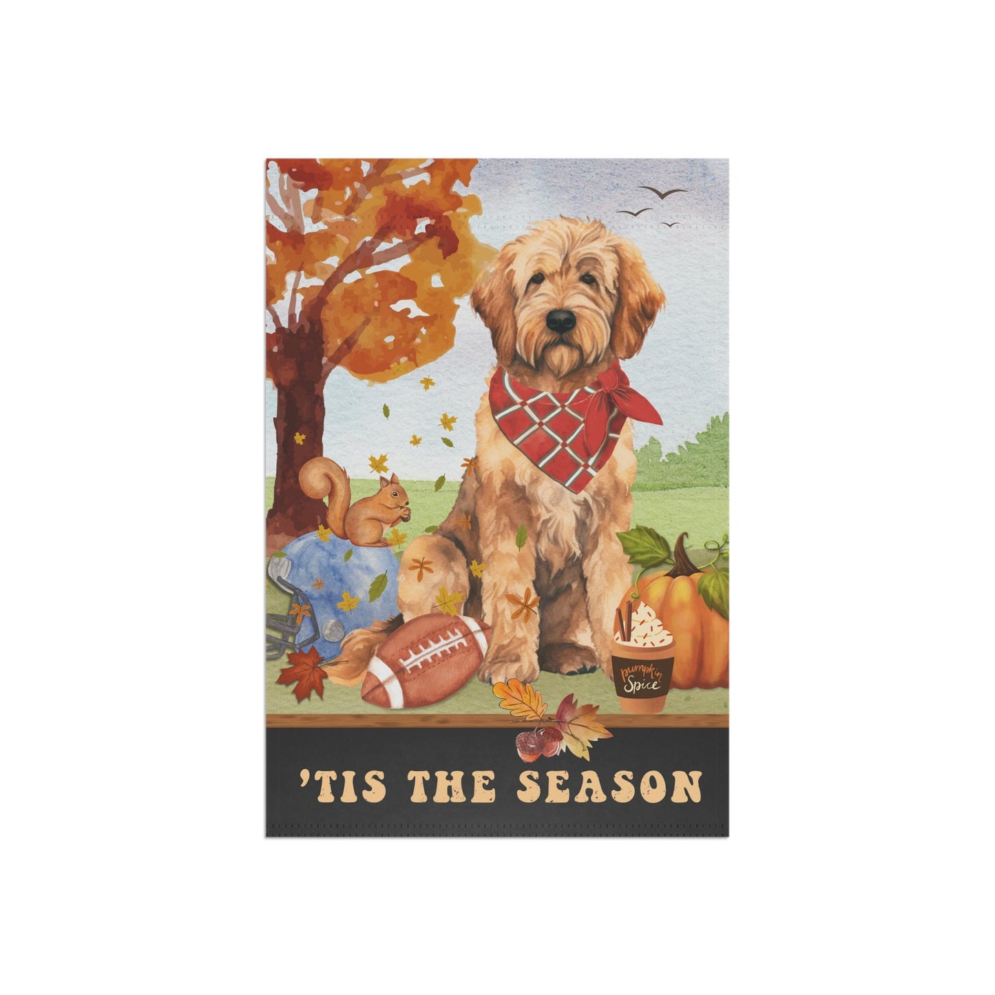 Doodle Dog Fall Garden Flag - Football, Pumpkin Spice, Doodle Dog Flag, Apricot, Red Goldendoodle, Labradoodle Mom Gift