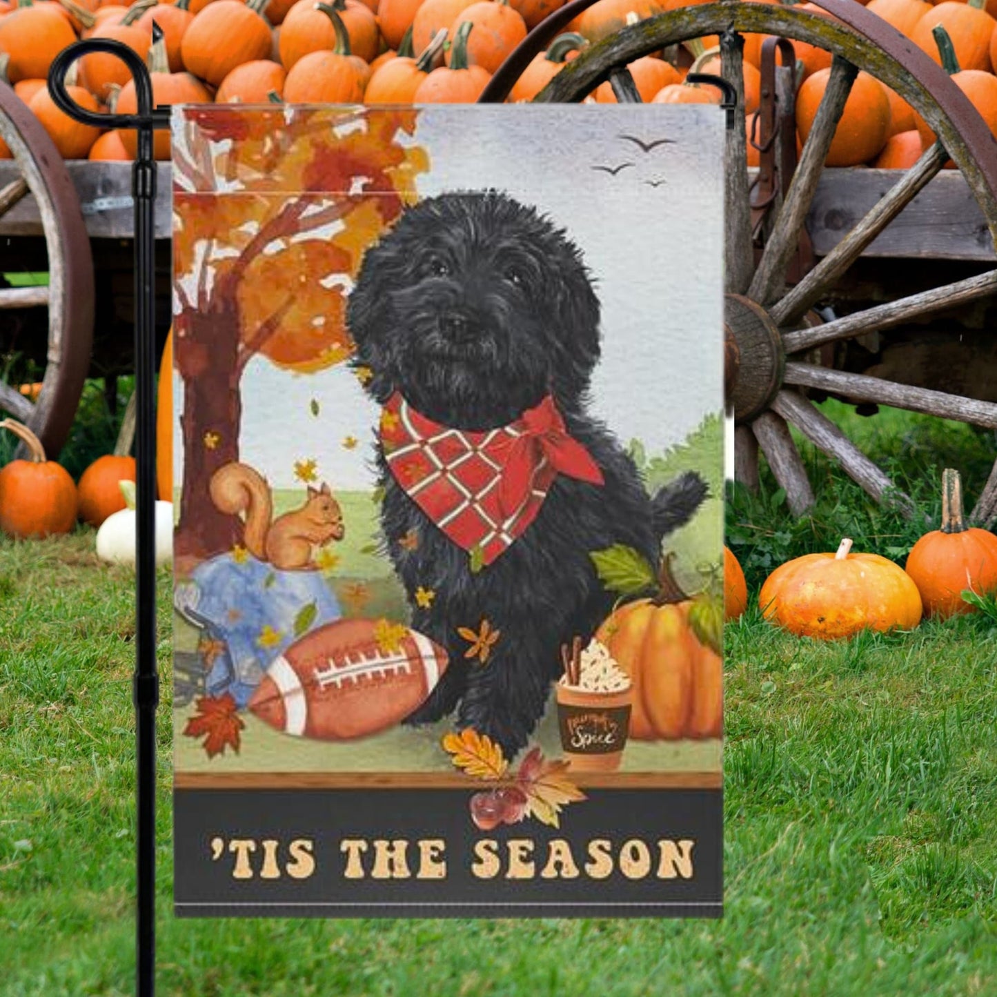 Black Doodle Dog Fall Garden Flag - Football, Pumpkin Spice, Black Goldendoodle, Labradoodle, Cockapoo, Mini Doodle Mom Gift