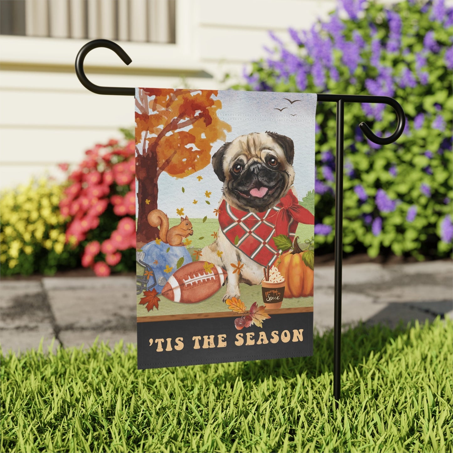 Pug Dog Fall Garden Flag - Football, Pumpkin Spice, Pug Mom Gift, Pug Lover Home Decor Halloween, Autumn