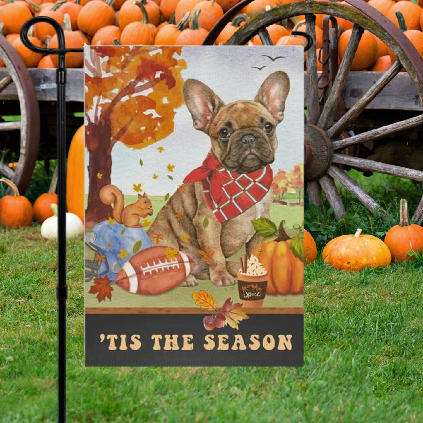 Frenchie - French Bulldog Fall Garden Flag, Football, Pumpkin Spice, Fawn Tan Frenchie Mom Gift, Frenchie Lover Home Decor Hallowe