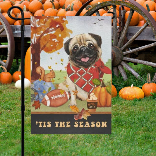 Pug Dog Fall Garden Flag - Football, Pumpkin Spice, Pug Mom Gift, Pug Lover Home Decor Halloween, Autumn