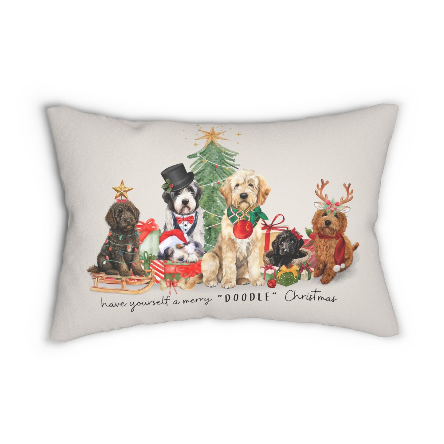 Doodle Dog Holiday Christmas Pillow - Dog Lover and Groomer Gift, Goldendoodle Bernadoodle, Labradoodle, Aussiedoodle, Sheepadoodl