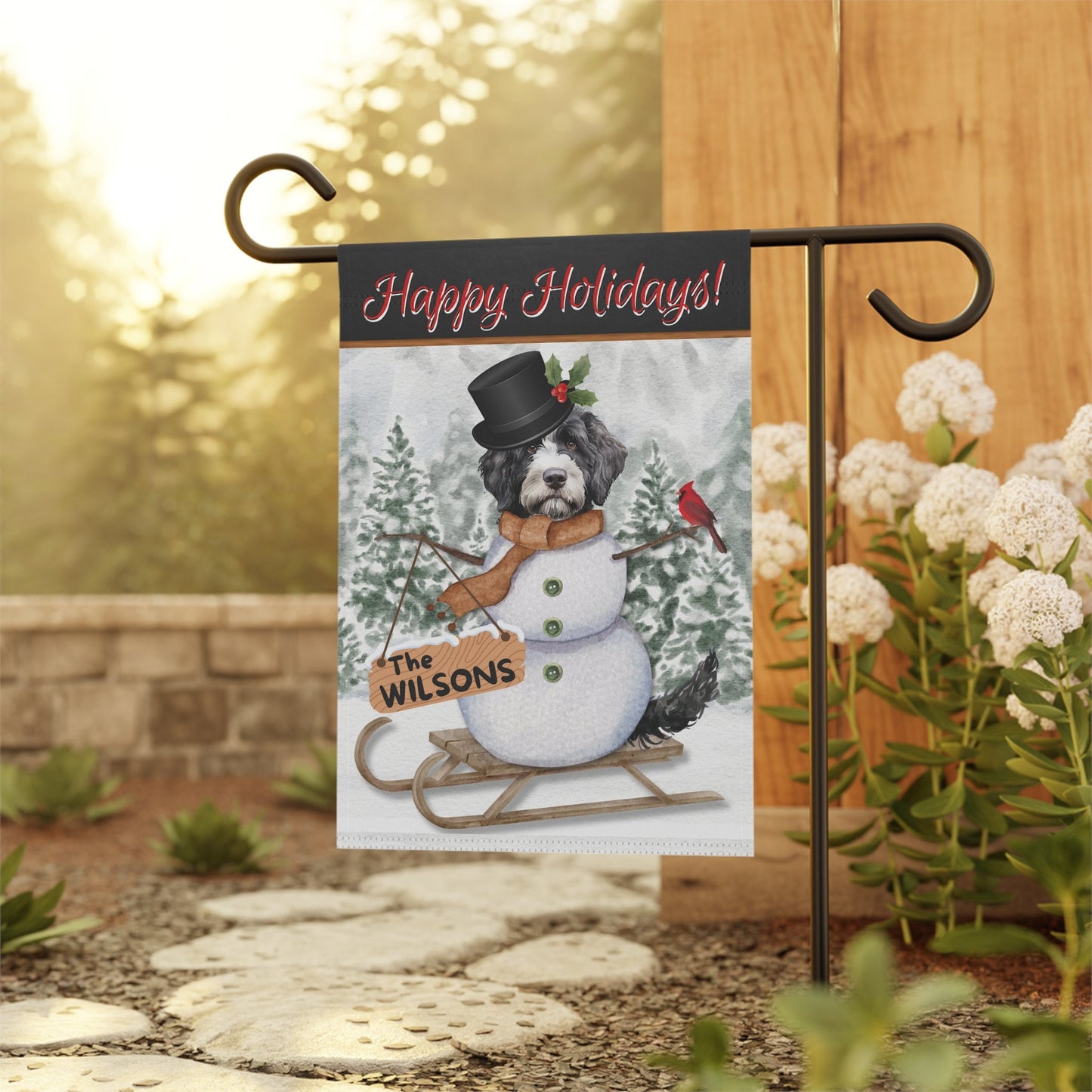 Personalized Bernedoodle Snowman Christmas Flag - Bernedoodle Doodle Dog Mom Gift Idea, Custom Doodle Dog Flag, Stand Not Included