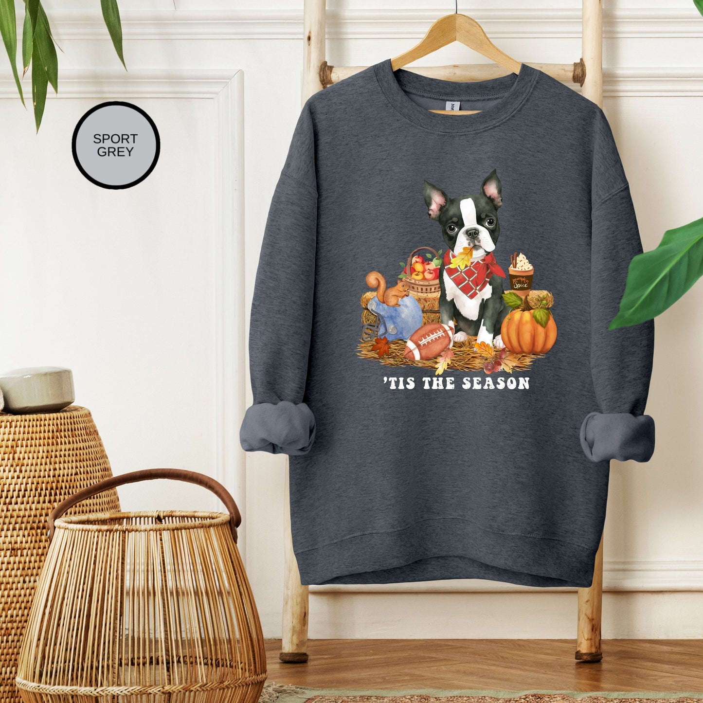 Boston Terrier Dog Fall Pumpkin Dog Sweatshirt - Pumpkin Spice Tee, Football Season, Dog Lover Groomer, Boston Dog Gift