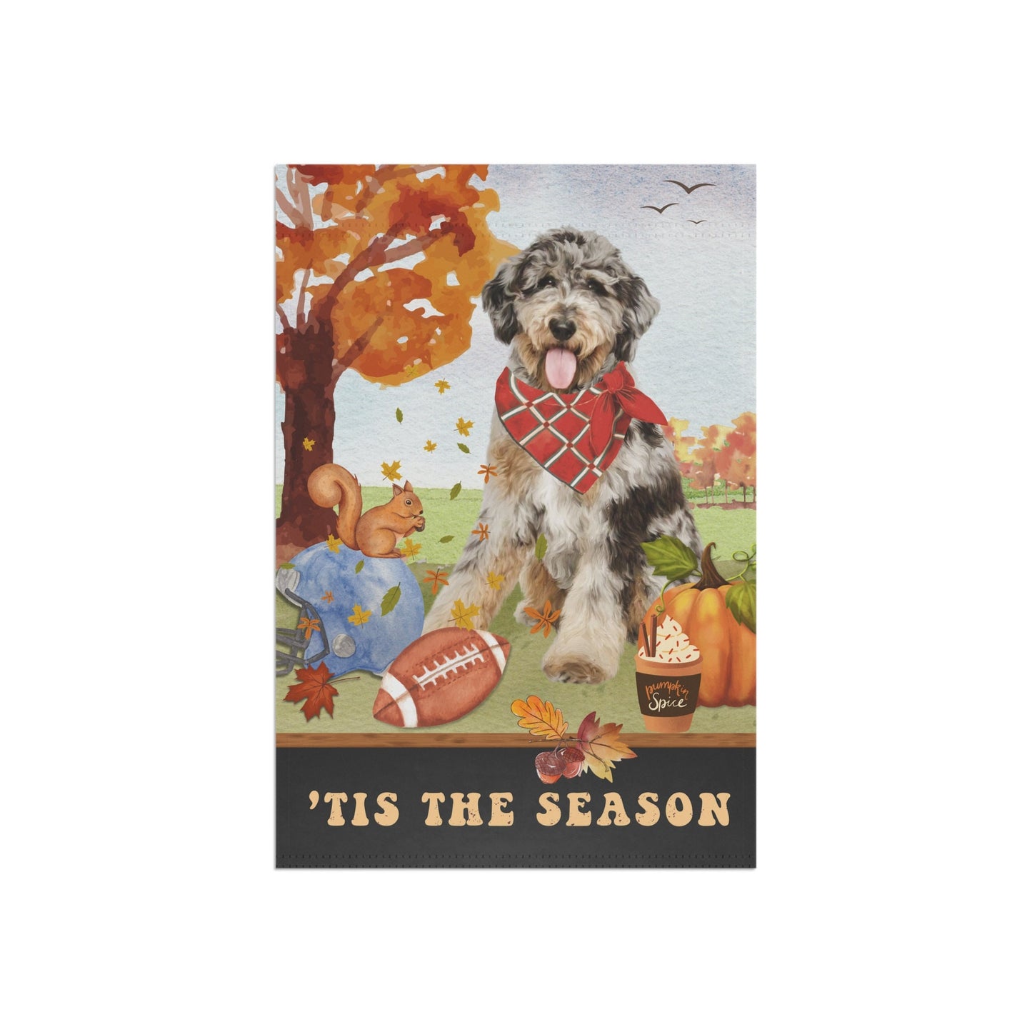 Bernedoodle - Aussiedoodle, Mountaindoodle Fall Garden Flag, Football, Pumpkin Spice, Doodle Dog Mom Gift, Stand Not Included