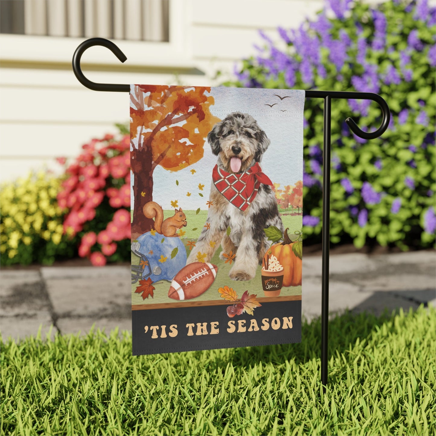 Bernedoodle - Aussiedoodle, Mountaindoodle Fall Garden Flag, Football, Pumpkin Spice, Doodle Dog Mom Gift, Stand Not Included