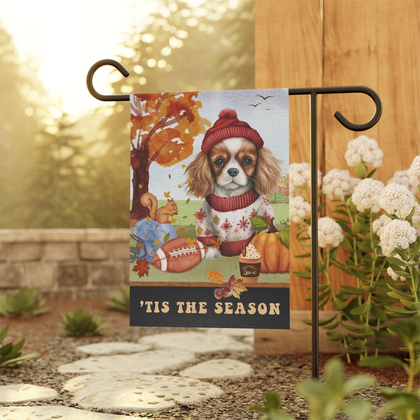 Personalized Cavalier King Charles Spaniel Fall Garden Flag - Football, Pumpkin Spice, Cavalier King Charles Flag, Cavalier Dog Mo