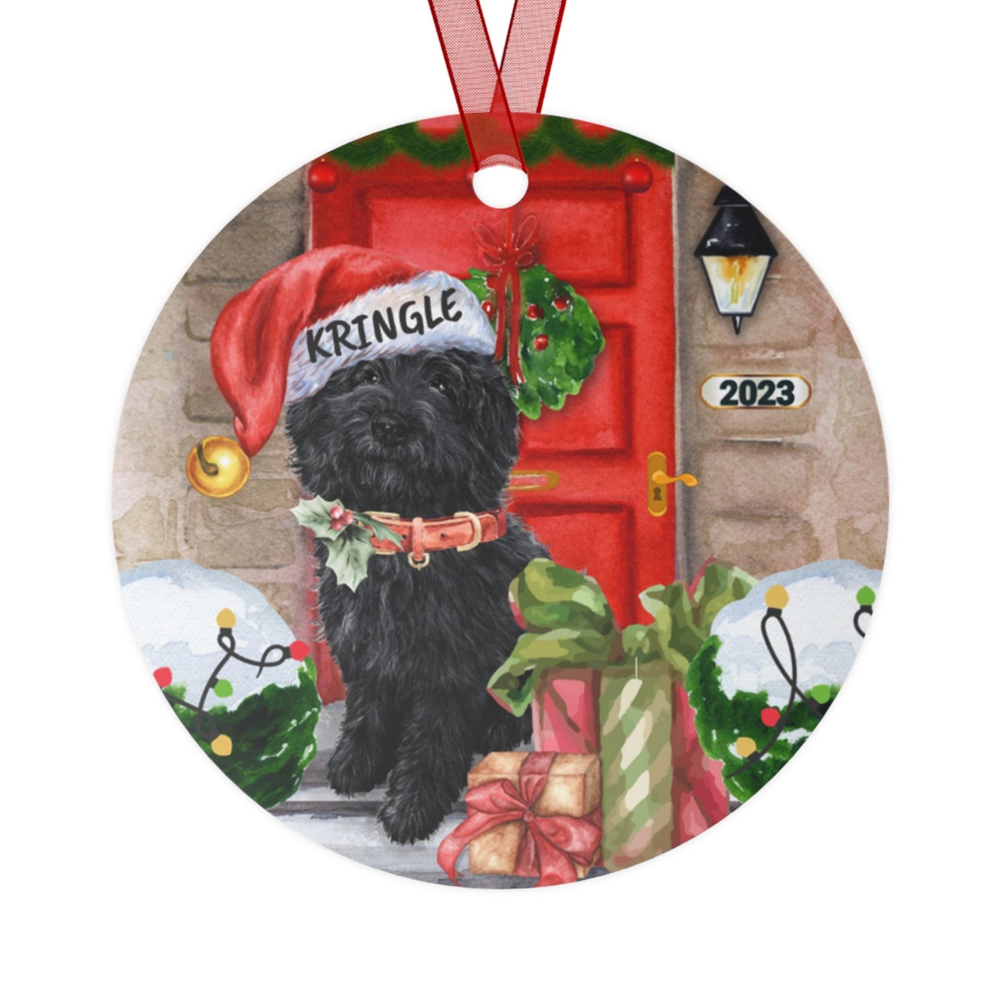 Personalized Black Doodle Dog Christmas Metal Ornament - Doodle Mom Gift Idea, Double Side Print, Represents Goldendoodle, Labrado