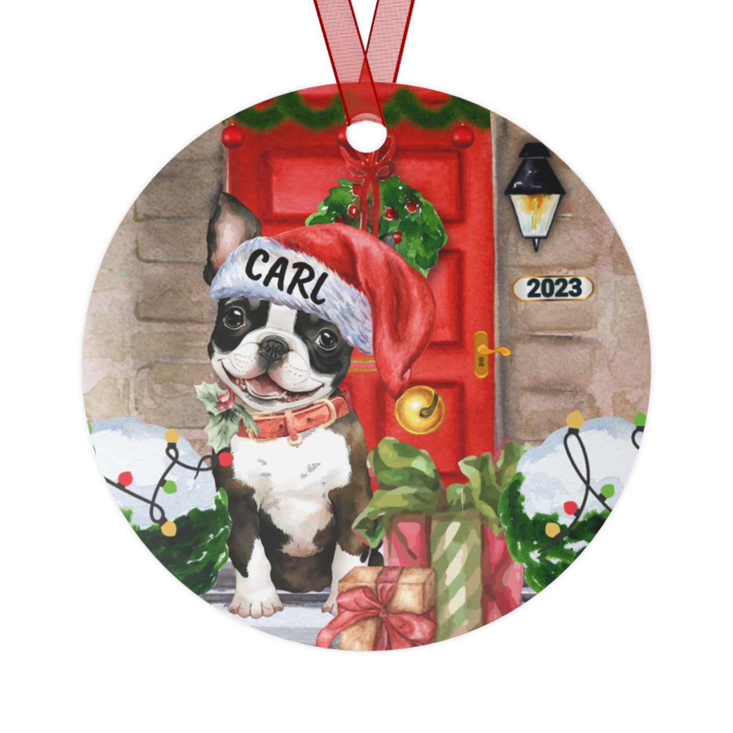 Personalized Brown Boston Terrier Dog Christmas Ornament - Boston Terrier Mom Gift, Metal Ornament, Custom Boston Terrier Gift Orn