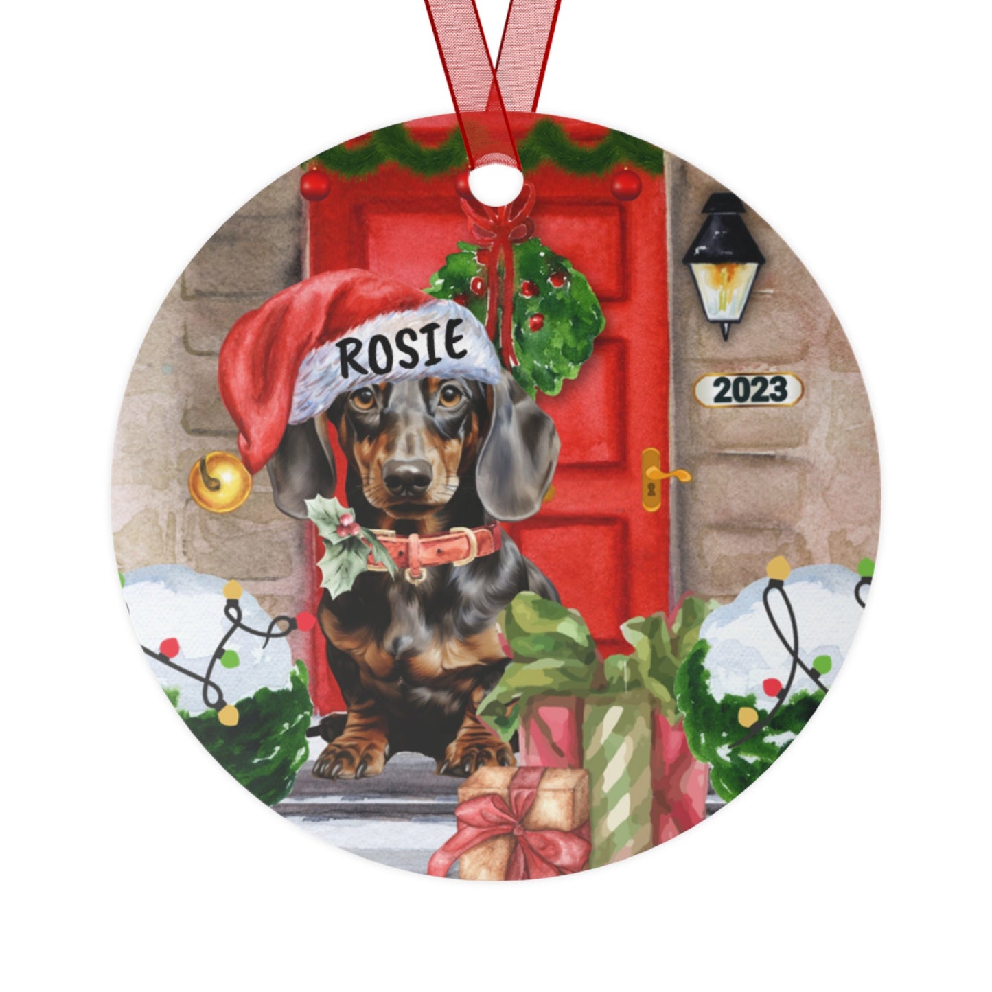 Personalized Daschund Dog Christmas Ornament - Black and Tan Daschund Mom Gift, Metal Ornament, Custom Daschund Gift Ornament