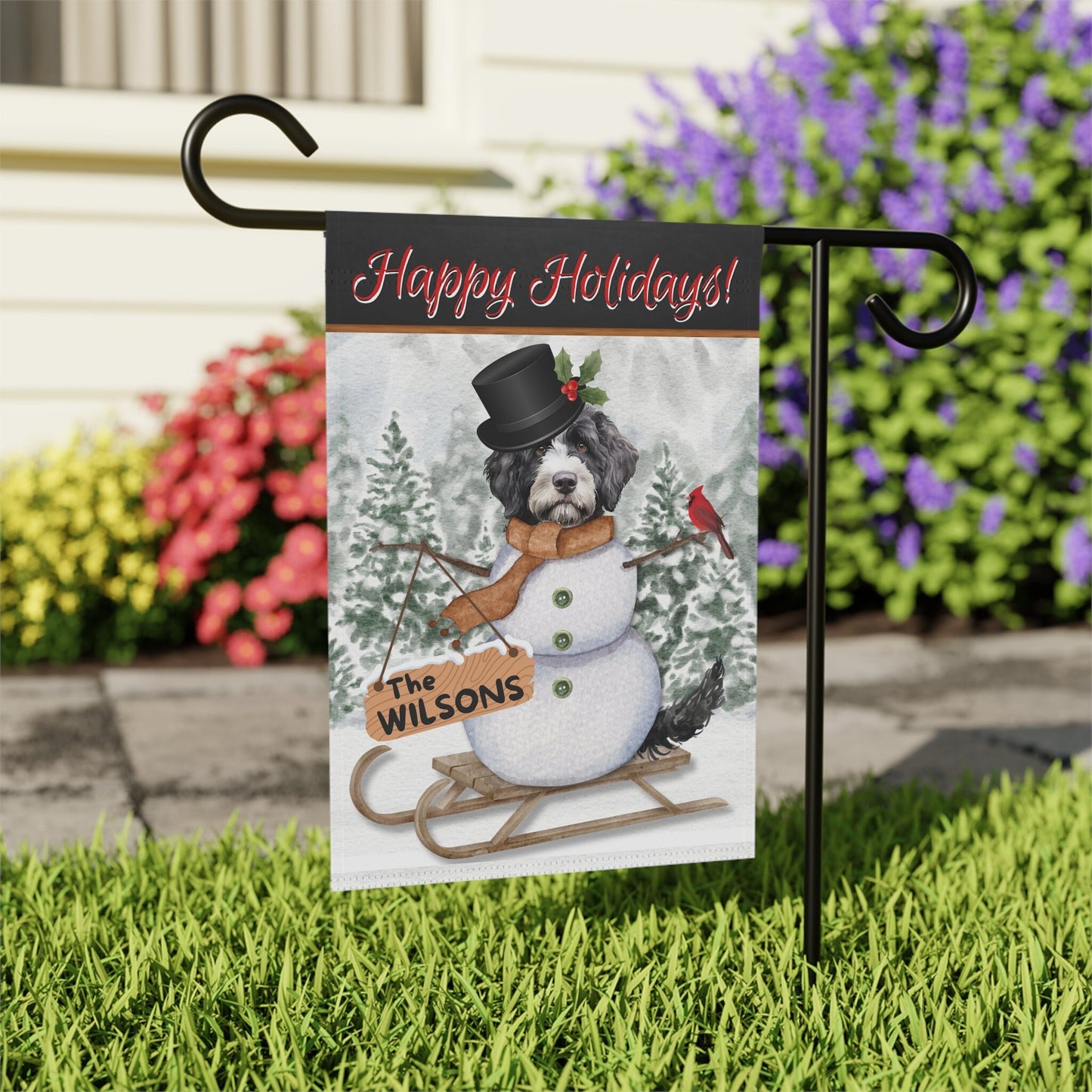 Personalized Bernedoodle Snowman Christmas Flag - Bernedoodle Doodle Dog Mom Gift Idea, Custom Doodle Dog Flag, Stand Not Included