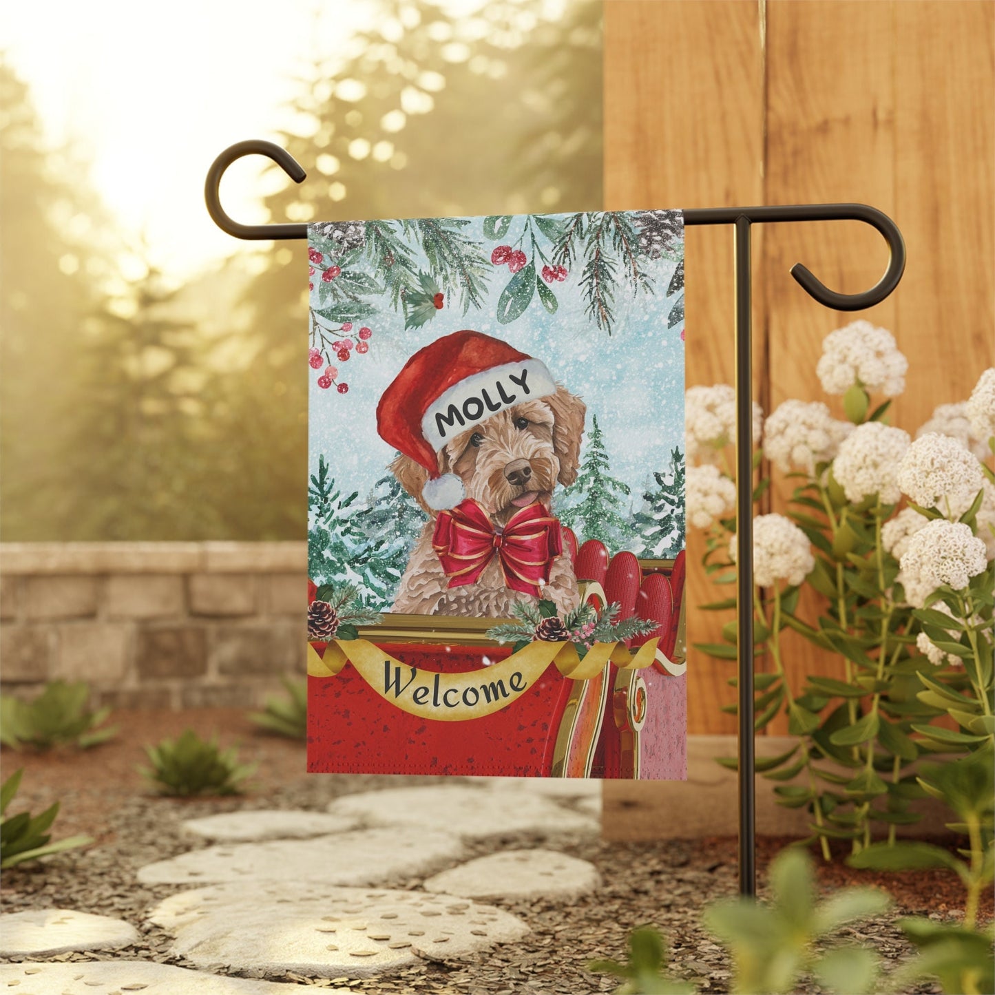 Personalized Goldendoodle - Labradoodle Christmas Flag, Garden Flag Gift Idea, Labradoodle, Goldendoodle, Doodle Mom Gift, Stand N