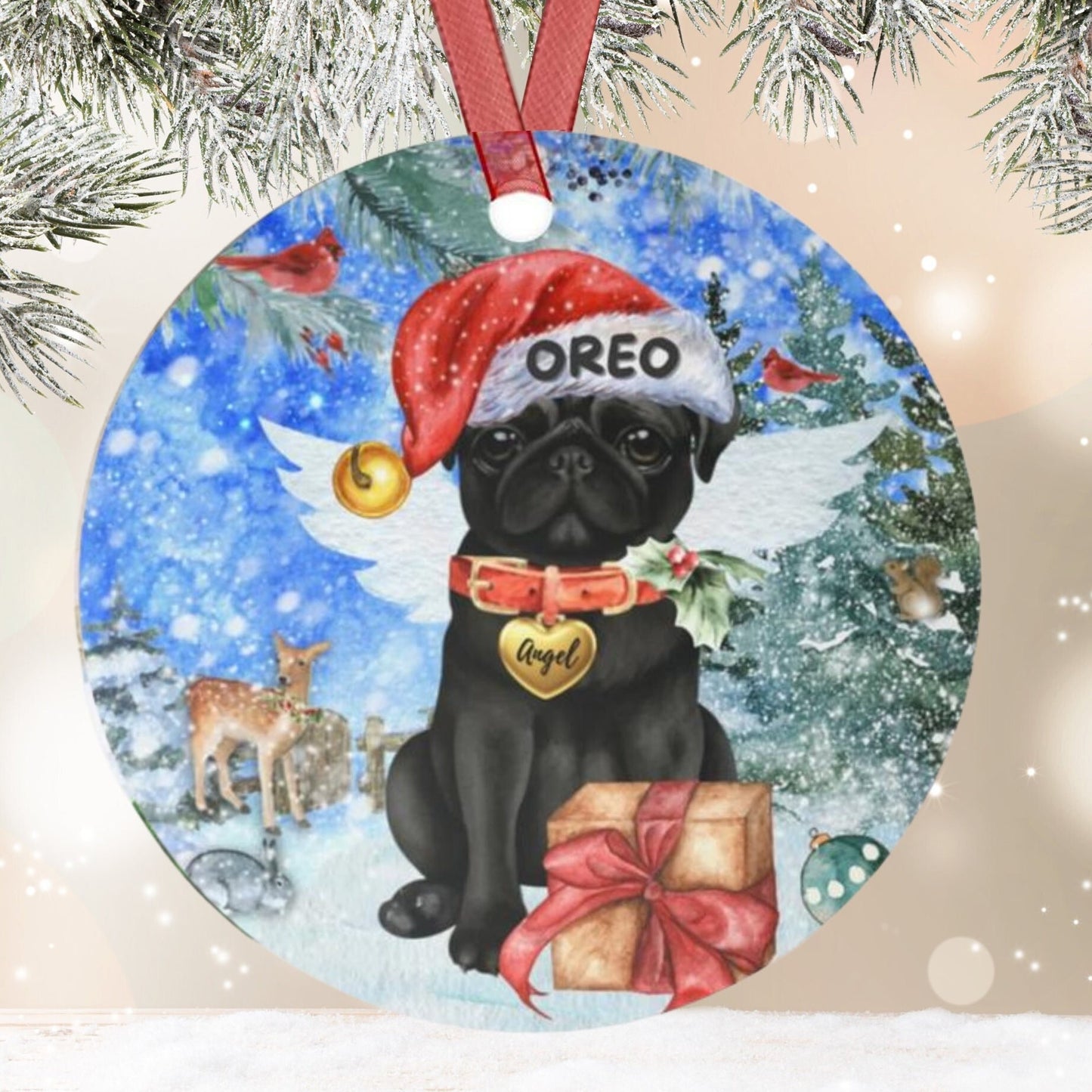 Personalized Black Pug  Pet Memorial Ornament - Pug Mom or Dad Sympathy Gift, Christmas Pet Memorial Ornament, Dog Loss Gift