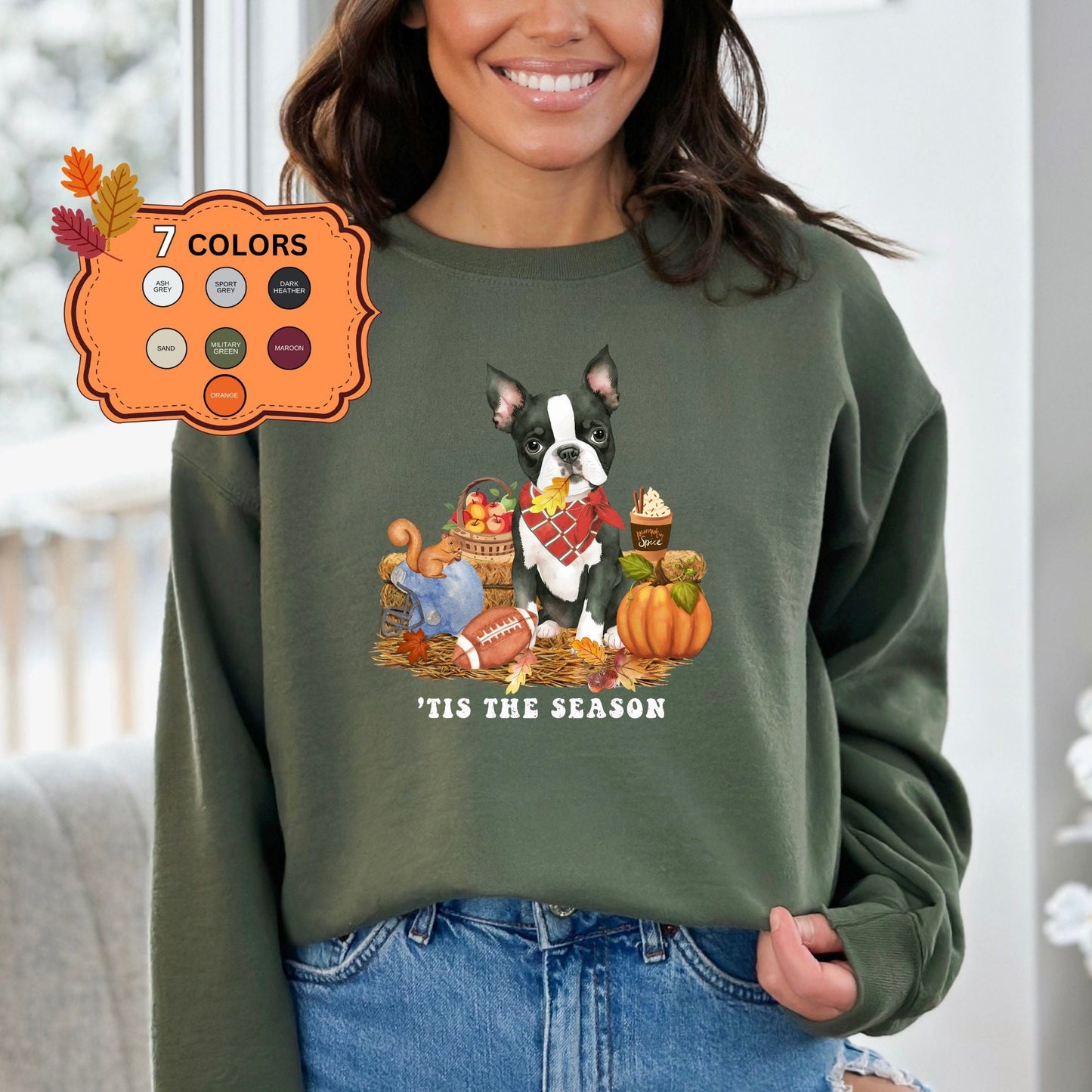 Boston Terrier Dog Fall Pumpkin Dog Sweatshirt - Pumpkin Spice Tee, Football Season, Dog Lover Groomer, Boston Dog Gift